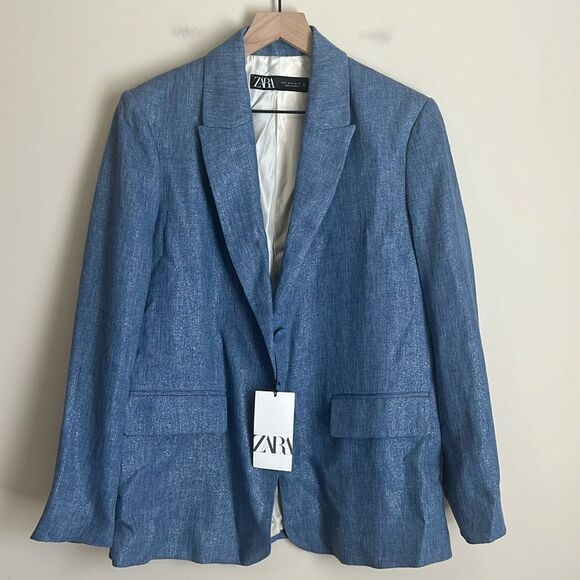 NWT Zara Blue Shimmer Metallic Blazer Size Small - Picture 2 of 11